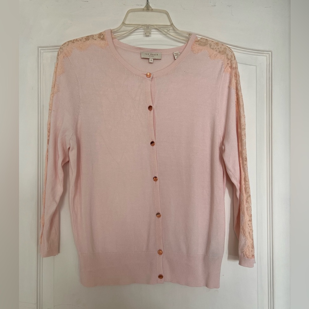 Ted Baker Size 3 Pink Lace-Trimmed Cardigan Sweater